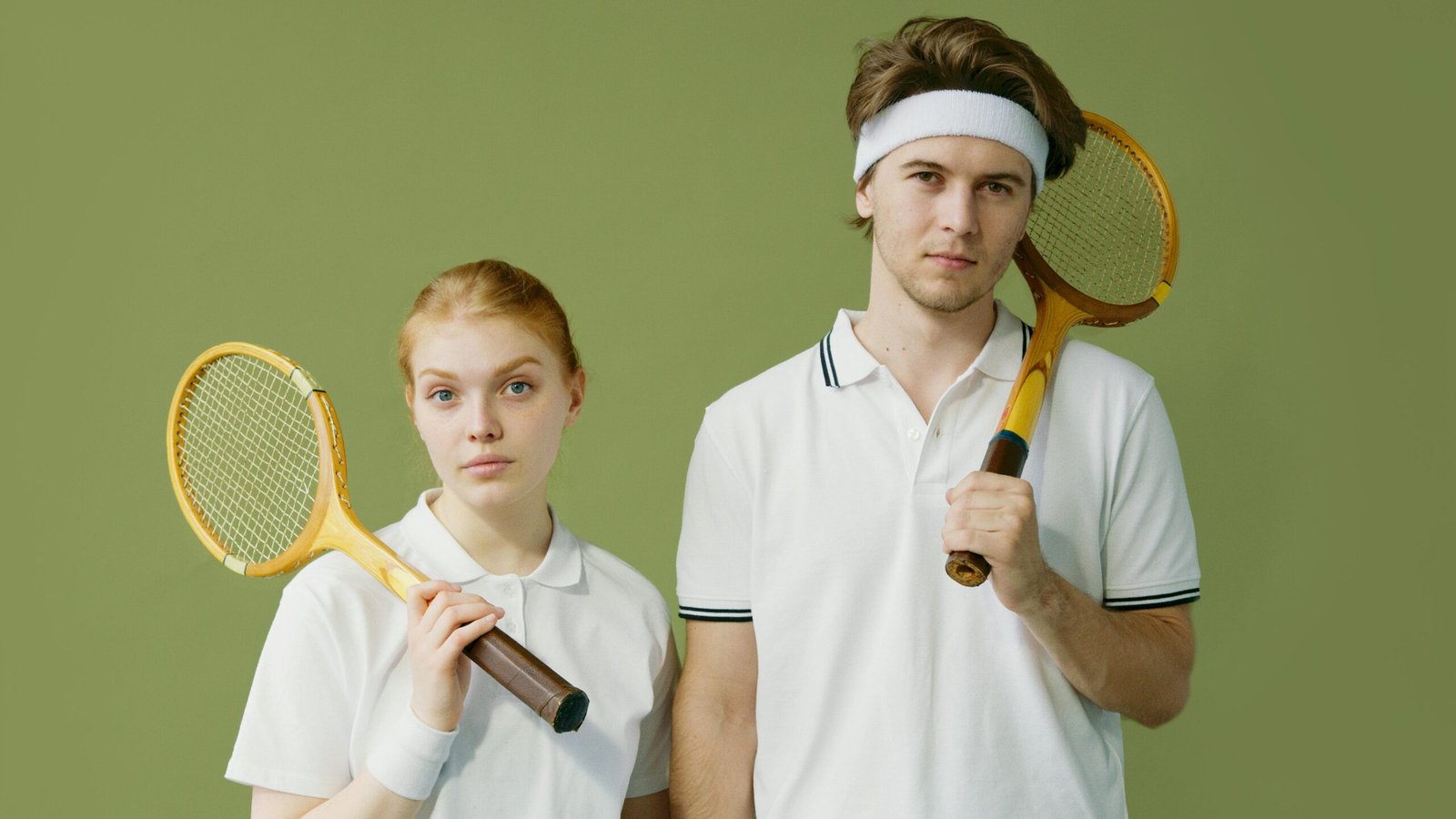 A young man and woman in sportswear pose with vintage squash rackets in a studio setting.